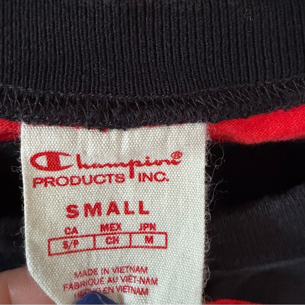 Champion Red Black Striped Crewneck Long Sleeve T-Shirt Sweatshirt Athleisure S - Picture 3 of 5